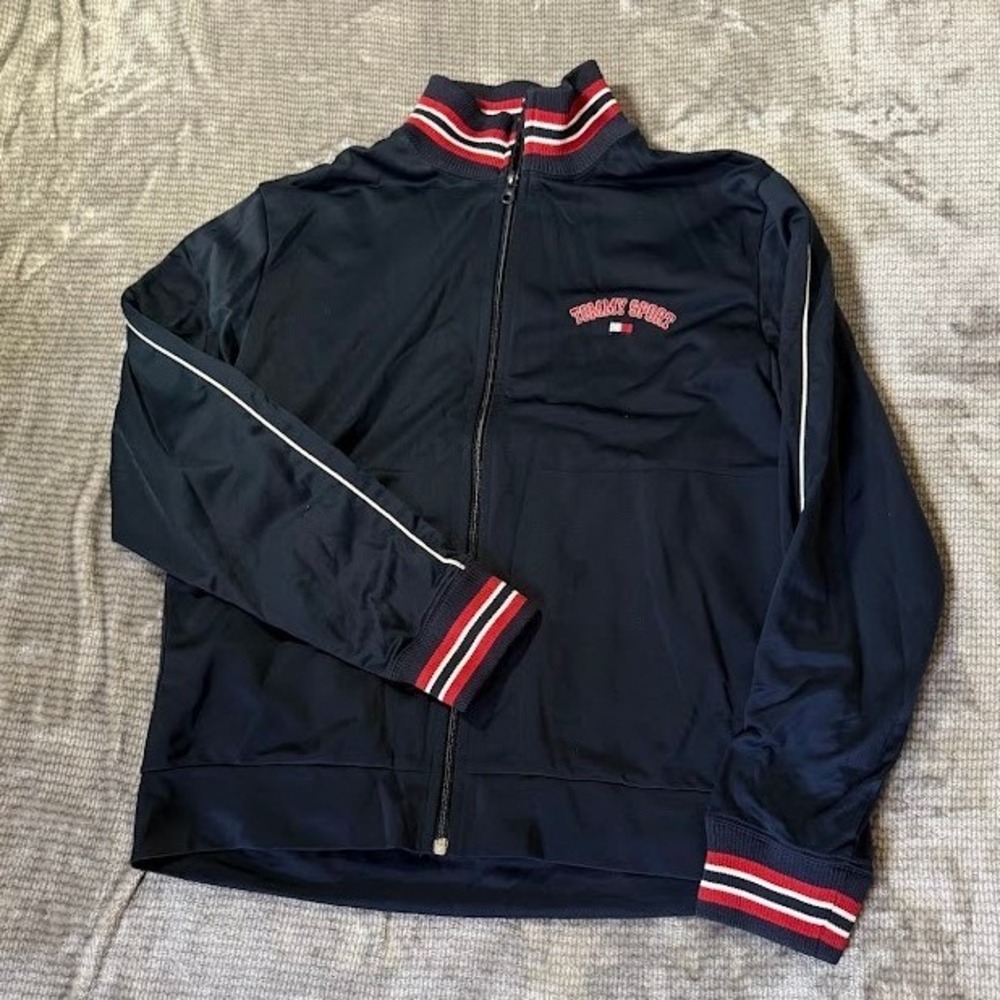 Tommy Jeans Sport Track Jacket Mens Medium Navy Blue Full Zip Mock Neck Striped